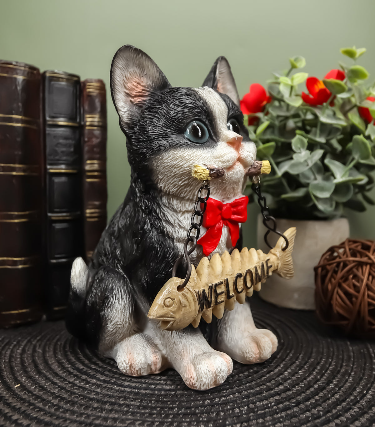 Set of 4 Cats Black White Tabby Grey Kittens With Fish Bones Welcome Figurines