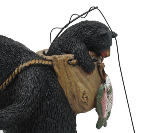 "Gone Fishing" Mother Black Bear With Cub In Fishing Backpack Statue Wildlife