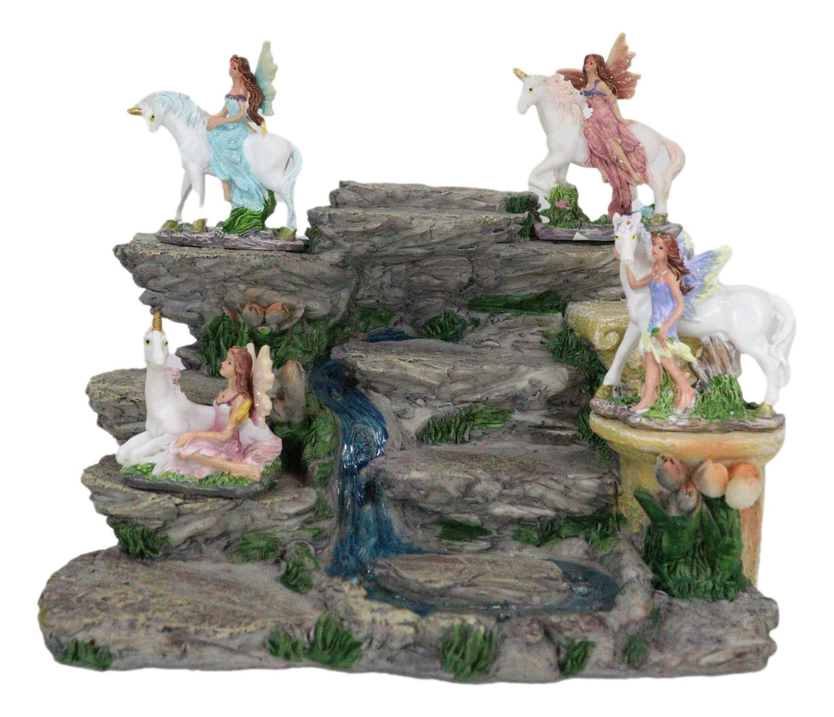 Miniature Fairies & Unicorns With Mountain Waterfall of Youth Display Figurine