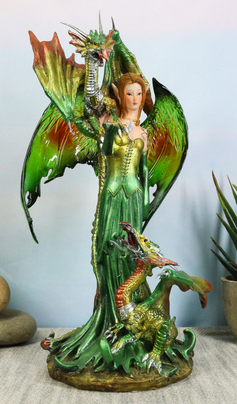 Ebros Gift Emerald Elf Fairy With 2 Green Guardian Dragons Figurine 9"H