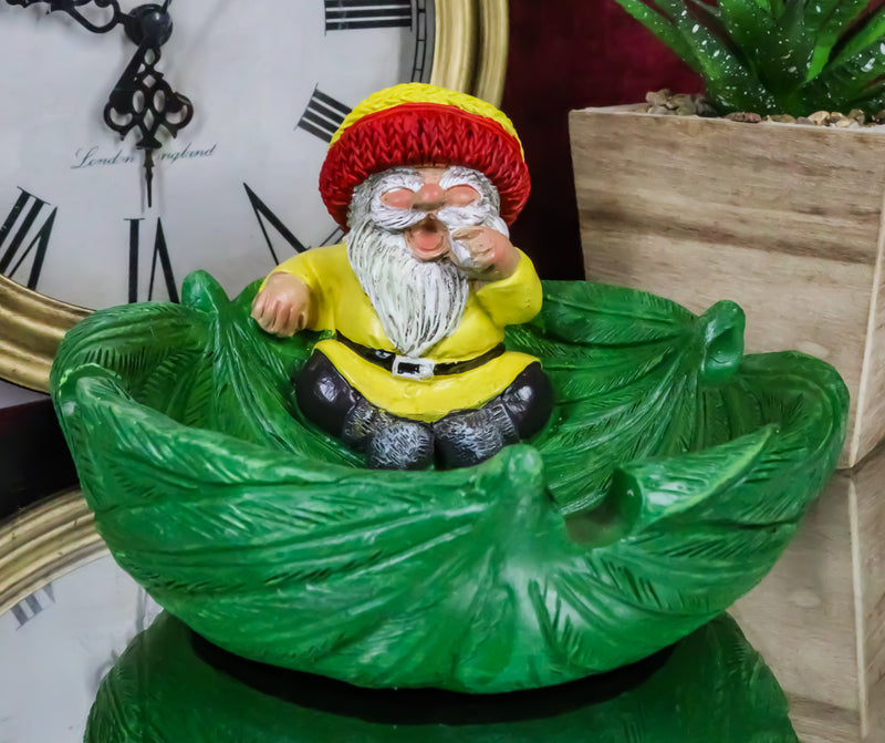 Gypsy Rasta Gnome Smoking Rolled Stash Sitting On Green Leaf Cigarette Ashtray