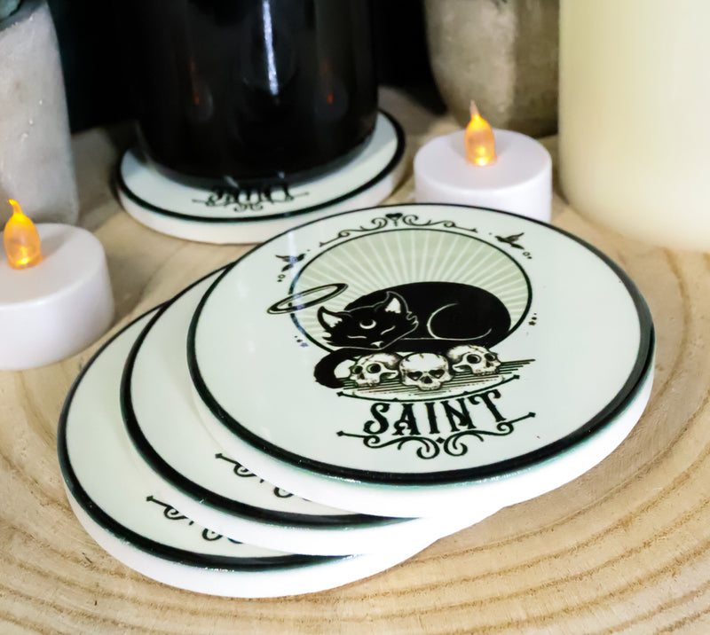 Halo Black Cat Saint And Skulls Ceramic Coaster Set of 4 Tiles With Cork Backing