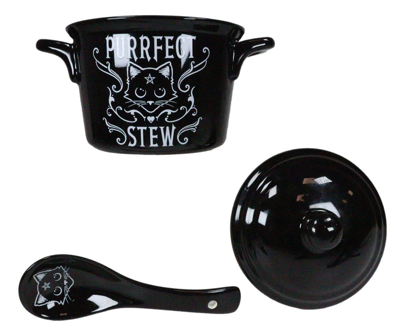 Wicca Purrfect Stew Pentagram Moon Cat Fine Bone China Bowl With Spoon And Lid
