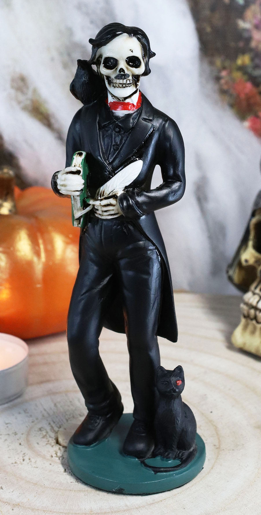 Ebros Gothic Day Of The Dead Edgar Allan Poe Statue With Raven Skeleton Figurine 5.5"H