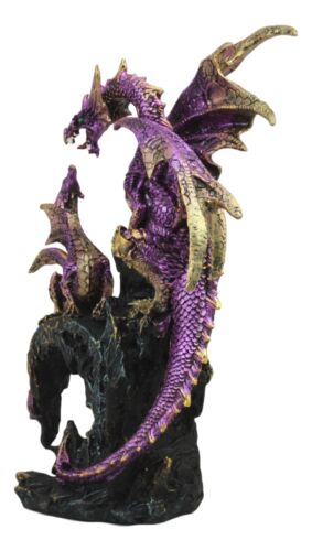 Metallic Purple Mother Dragon With Baby Family Statue 10.5"H Fantasy Home Decor - Ebros Gift