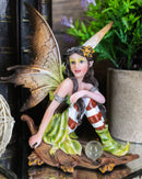 Jolly Christmas Woodlands Elf Fairy With Gazing Ball Sitting On Oak Leaf Statue