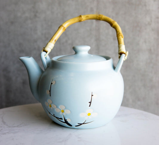 Japanese Sakura Cherry Blossom Branches Pastel Blue Ceramic Tea Pot Teapot 40oz