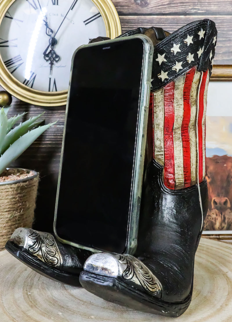 Rustic Western USA Flag Cowboy Boot Figurine Cell Phone Book Holder Easel Stand