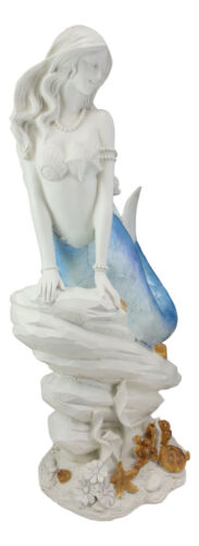 Ebros Large Capiz Blue Tail Nautical Mermaid Sitting On Corals Bedrock Statue