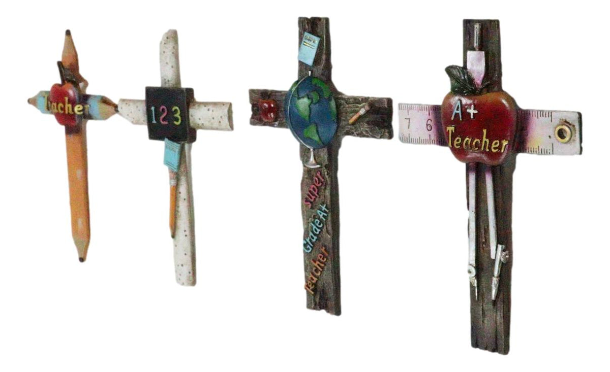 Pack Of 4 Novelty Educational Teacher Apple Math 123 Globe Pencils Wall Crosses