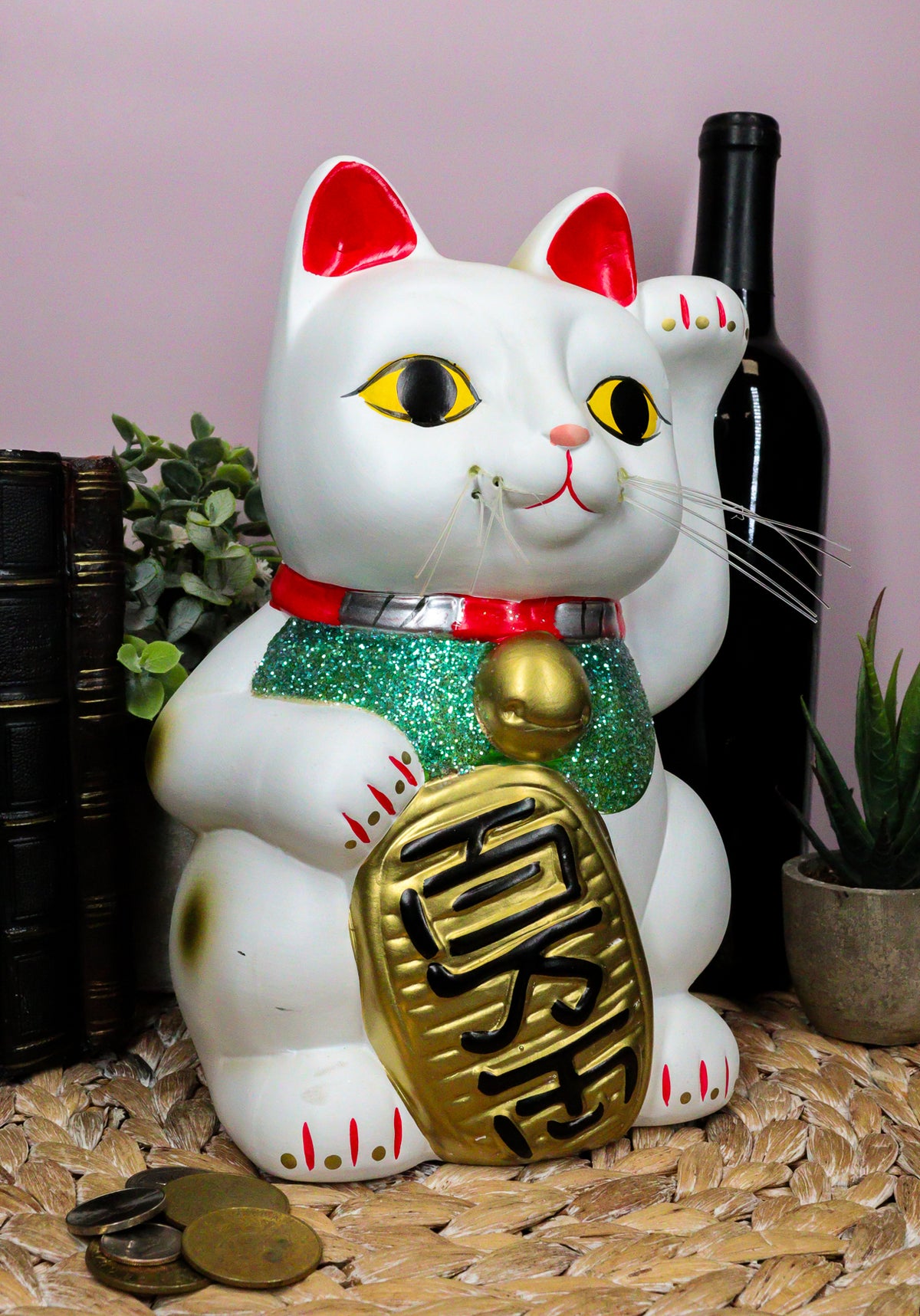 Ebros Japanese Luck and Fortune White Cat Maneki Neko Coin Bank Ceramic 9.5"H - Ebros Gift