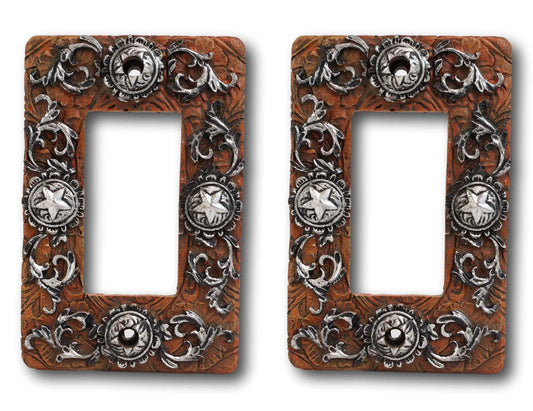 Set of 2 Western Stars And Lace Scroll Art Wall Single Gang Rocker Switch Plates