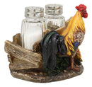 Ebros Proud Fowl Rooster Standing By Rustic Wooden Fence And Sunflower Glass Salt And Pepper Shakers Holder Display Stand Resin Figurine 4.75" Wide