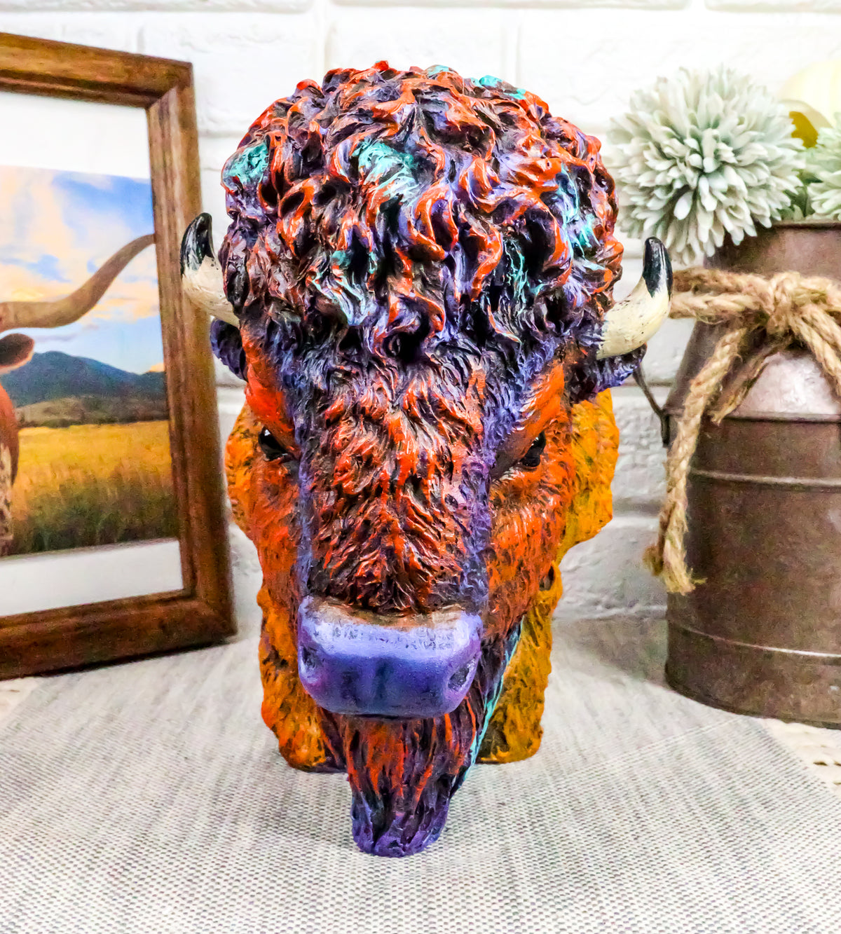 Ebros Gift Wild & Free Colorful American Bison Bust Figurine 7" H Multi Color - Ebros Gift