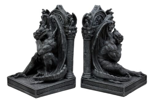 Medieval Age Gothic Sculptural The Thinker Gargoyle Bookends Figurine Set 6.25"H
