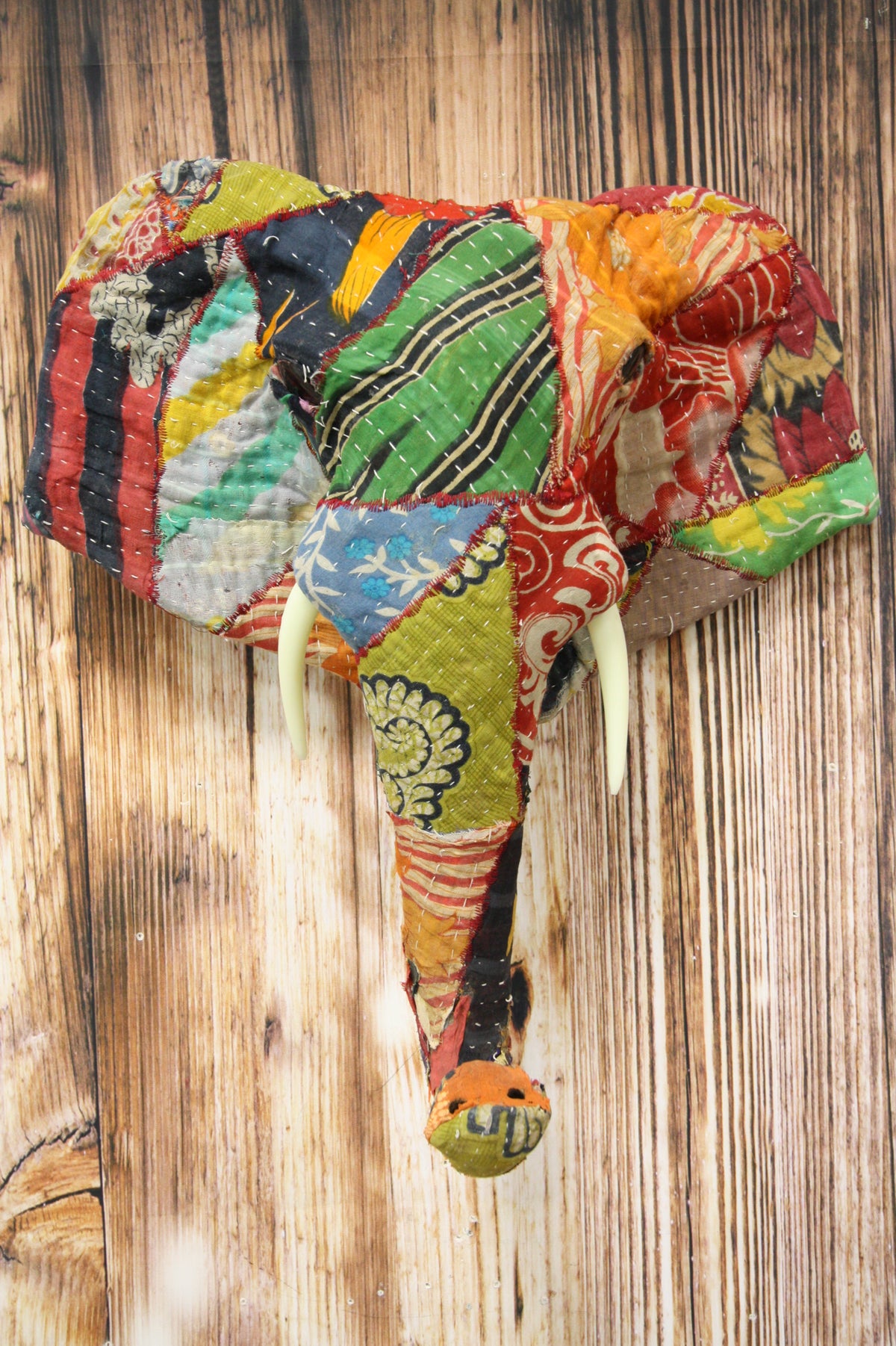 Safari Wild Elephant Hand Crafted Paper Mache In Sari Fabric Wall Head Decor