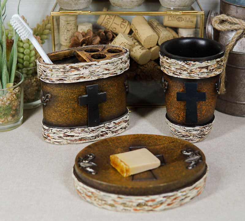 Rustic Western Cross With Birchwood Accent Soap Dish Toothbrush Holder Cup Set