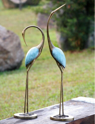 Large Pair Of Lover Preening Cranes Zen Garden Metal Statue Longevity Symbols