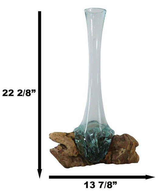 Balinese Gamal Driftwood With Long Necked Hand Blown Molten Glass Floral Vase - Ebros Gift