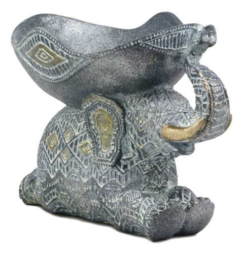 Ebros Grey Mosaic Design Elephant Laying Down With Trunk Up Holding Bowl Decor