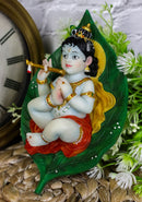 Hindu God Baby Krishna Vishnu Sucking His Right Toe On Peepal Leaf Statue 4"W