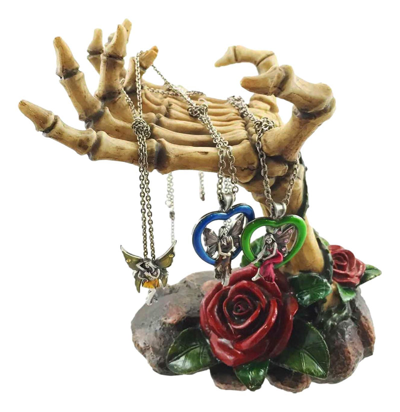 Day of the Dead Skeleton Hand Rose Jewelry Stand By DWK Necklaces Rings Earrings