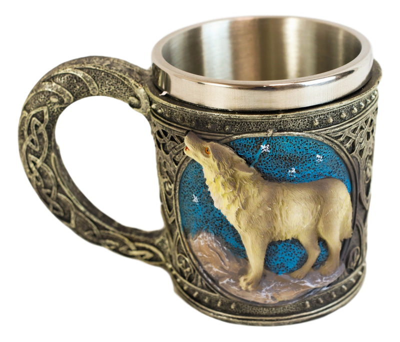 Celtic Howling Direwolf Gray Wolf At Starry Night Mountains Coffee Mug 14oz