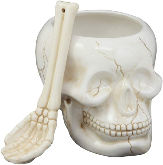 Ebros Ceramic Homosapien Human Skull Bowl With Skeletal Hand Spoon 6"Long 32oz - Ebros Gift