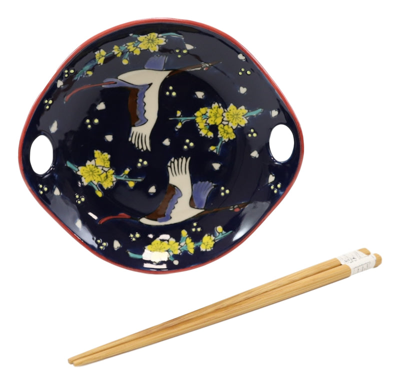 White Crane In Blue Sky Small Appetizer Coupe Plate Flat Bowl W/ Chopsticks Set