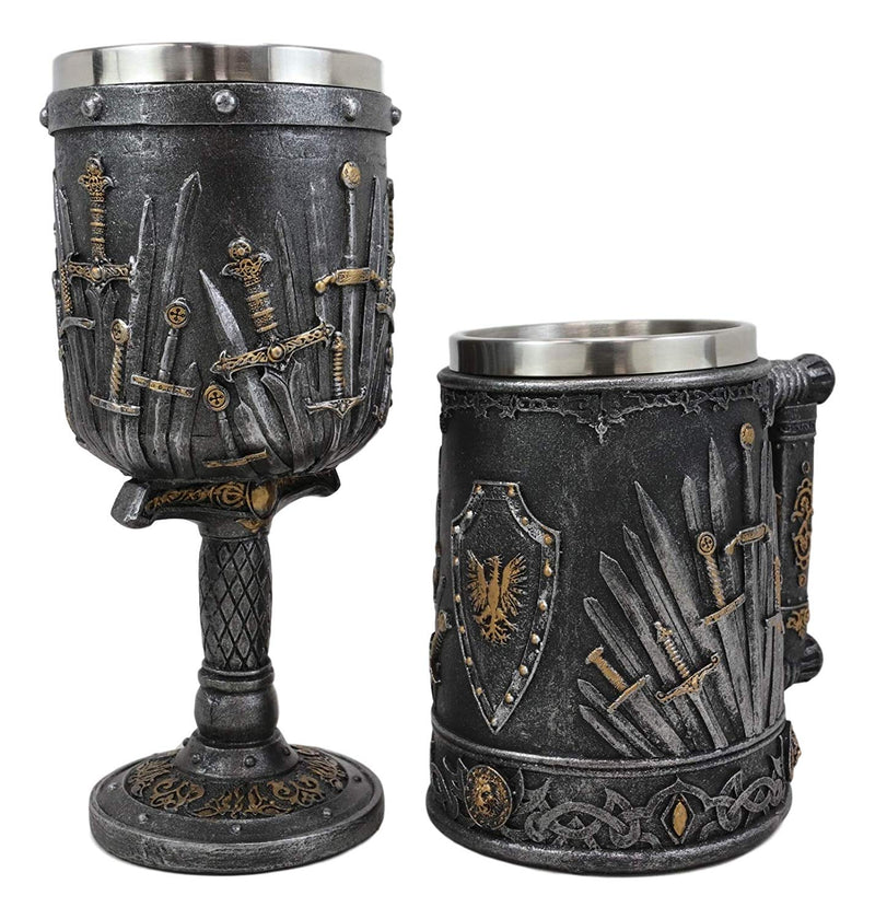 Set of 2 Medieval Dragons Iron Throne Of Valyrian Steel Swords Wine Goblet & Mug