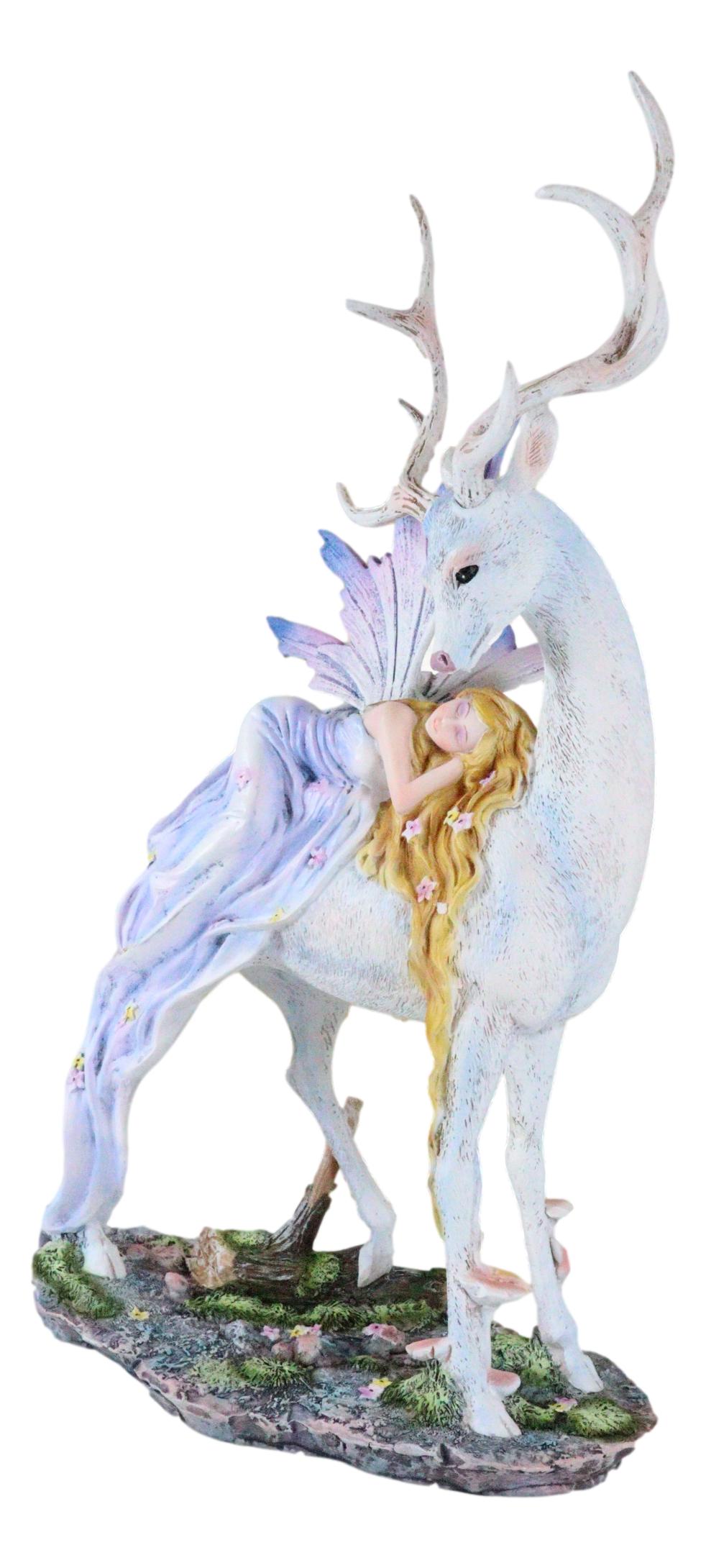 Ebros Large Blonde Fairy Sleeping On Sacred Capiz Blue Pearl Stag Elk Statue