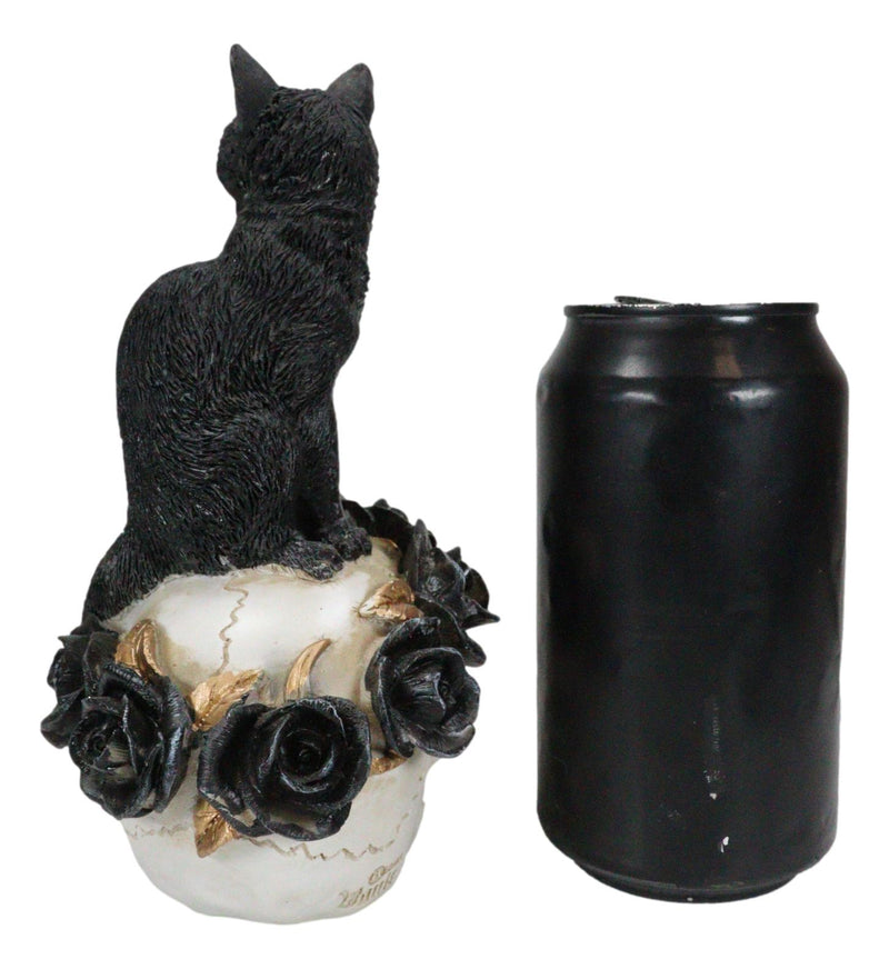 Gothic Black Feline Cat Sitting On Rose Vampire Skull Grimalkin's Ghost Figurine