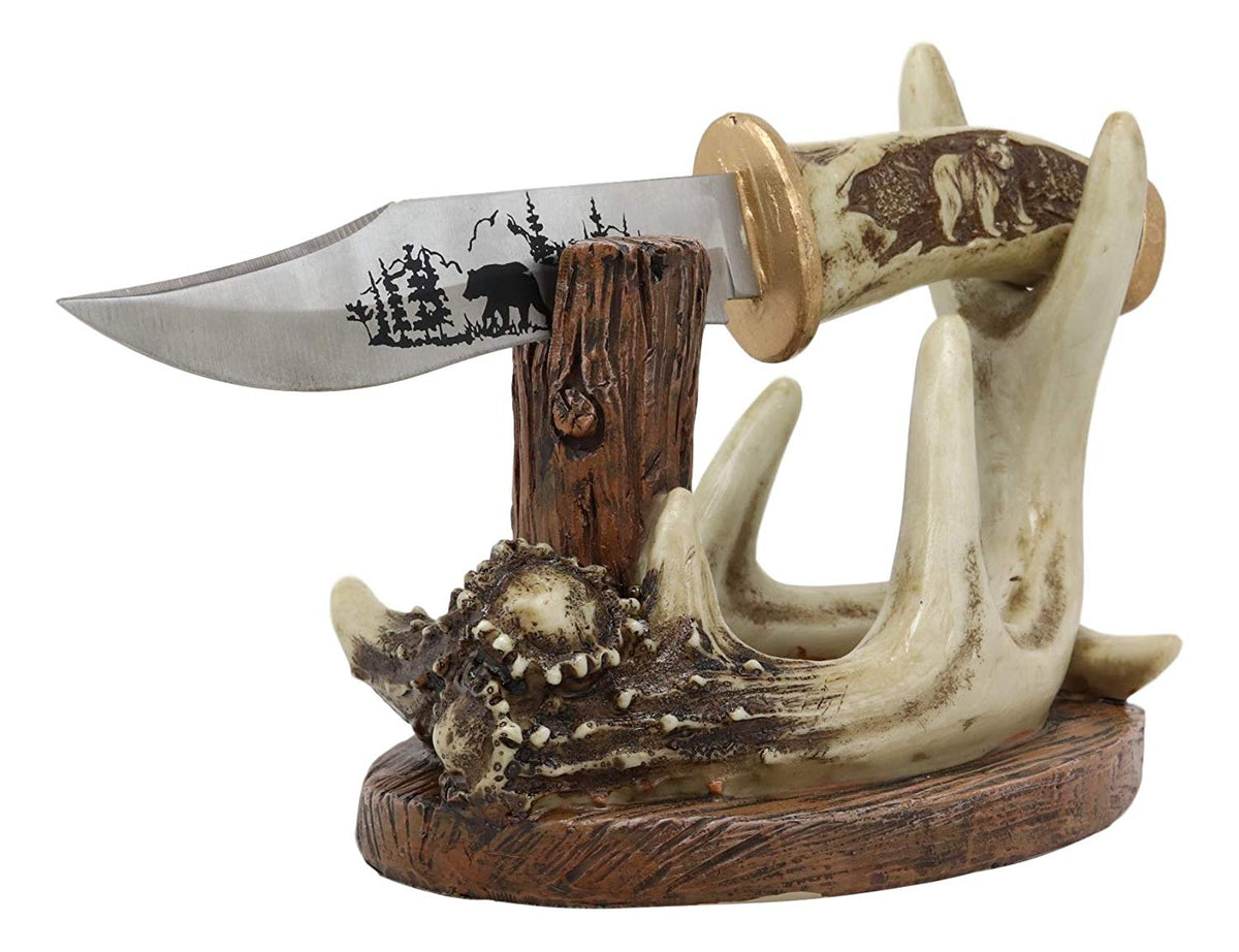 Western Rustic 8 Point Buck Stag Deer Antlers Display With Bear Sculpted Dagger