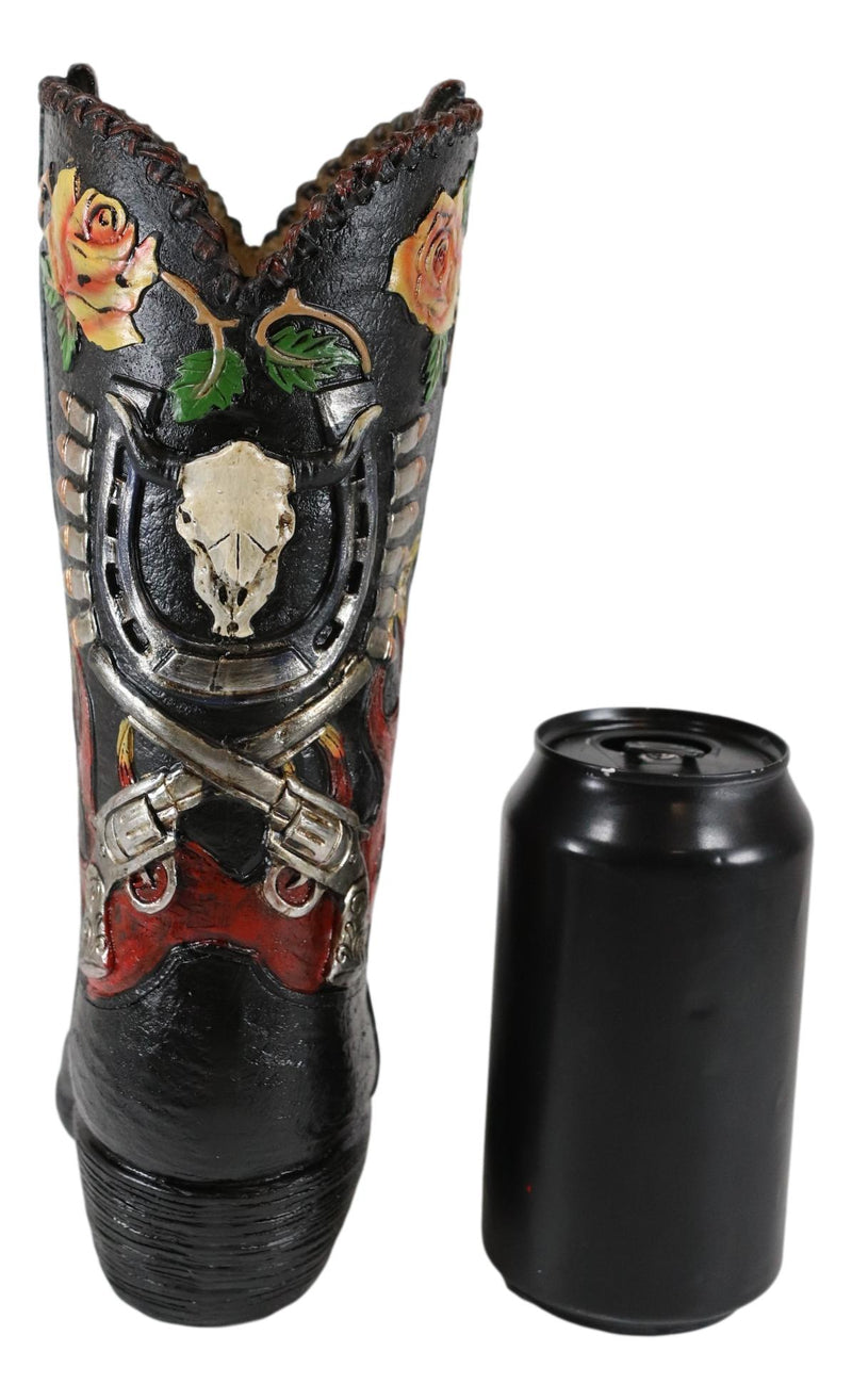 Western Bull Skull Roses Six Shooters And Fire Cowboy Boot Vase Planter Figurine