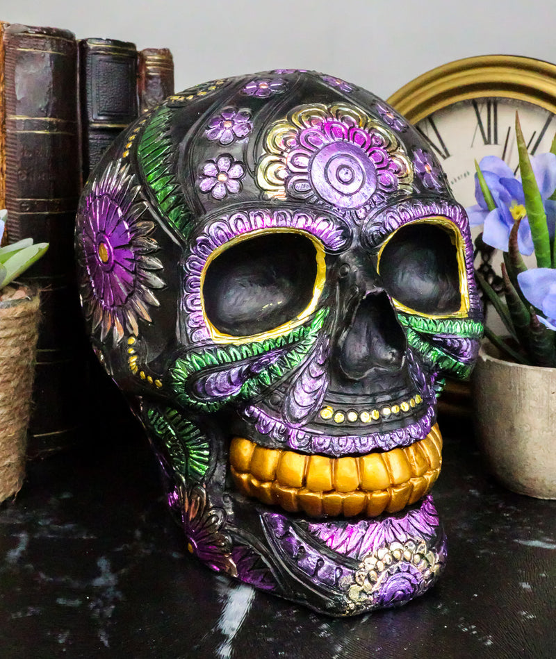 Semi Metallic Black Day of The Dead Floral Sugar Skull Figurine DOD Skulls Decor