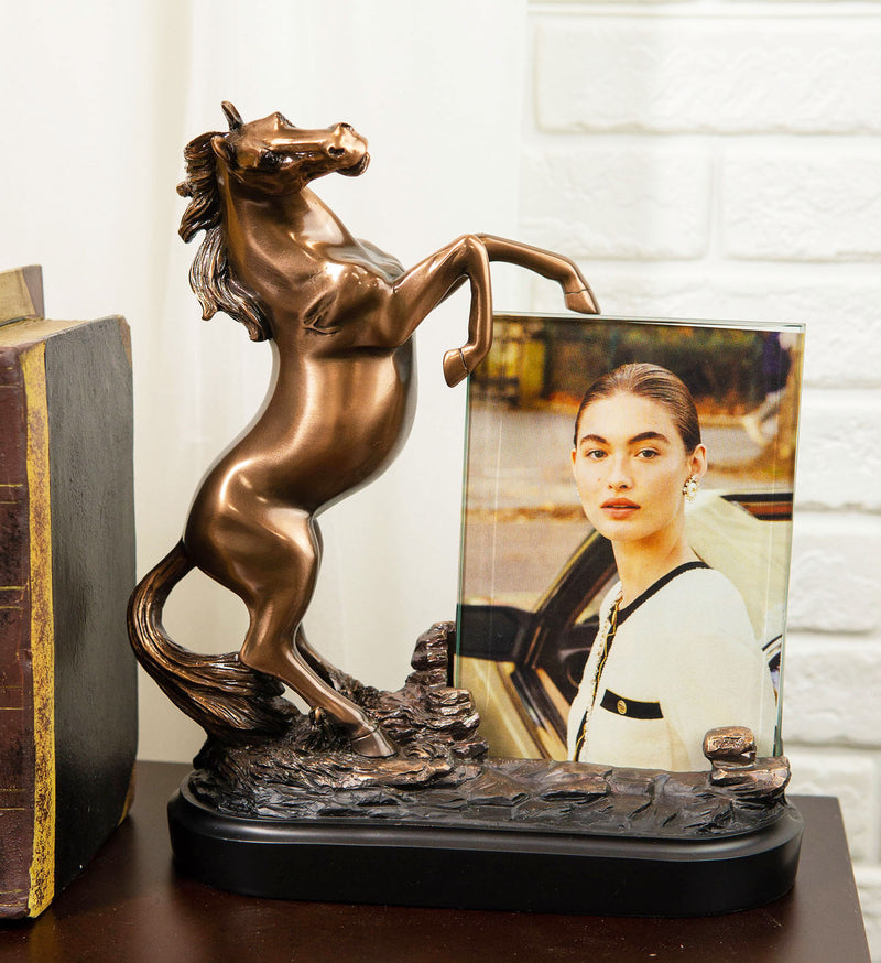 Ebros Rustic Western Wild Rearing Horse Statue With 4"X6" Glass Picture Frame