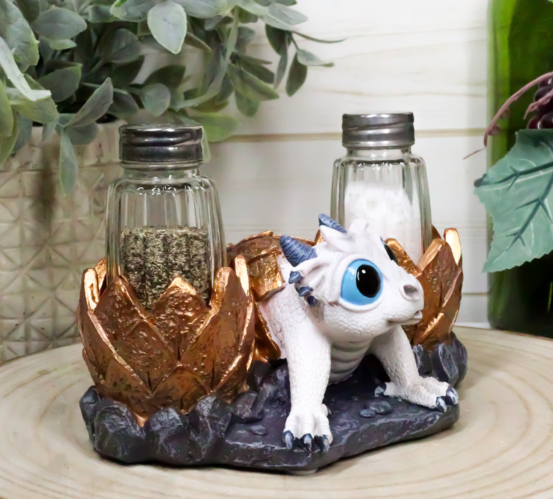 Frozen White Dragon Hatchling In Golden Egg Salt And Pepper Shakers Set Holder