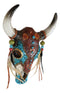 Southwest Tooled Leather Cow Skull With Turquoise Gems And Feathers Wall Decor