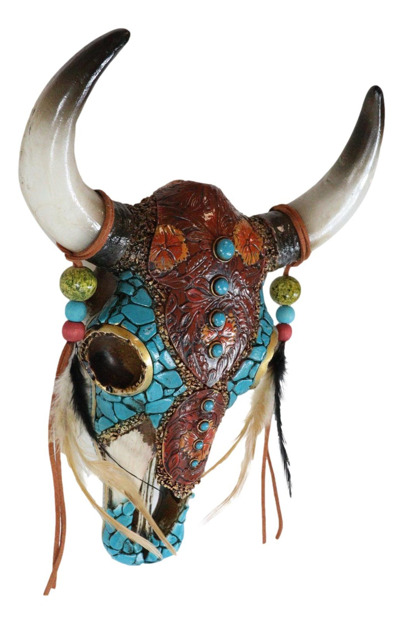 Southwest Tooled Leather Cow Skull With Turquoise Gems And Feathers Wall Decor