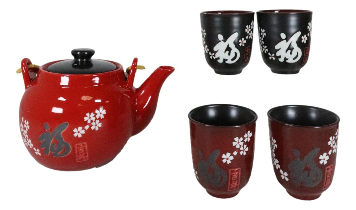 Sakura White Japanese Cherry Blossoms Porcelain Red Tea Pot 42oz And 4 Cups Set - Ebros Gift