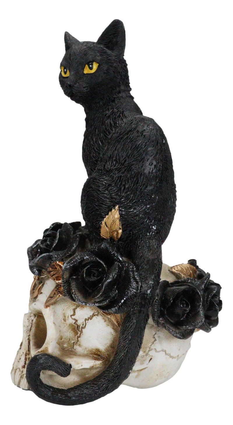 Gothic Black Feline Cat Sitting On Rose Vampire Skull Grimalkin's Ghost Figurine