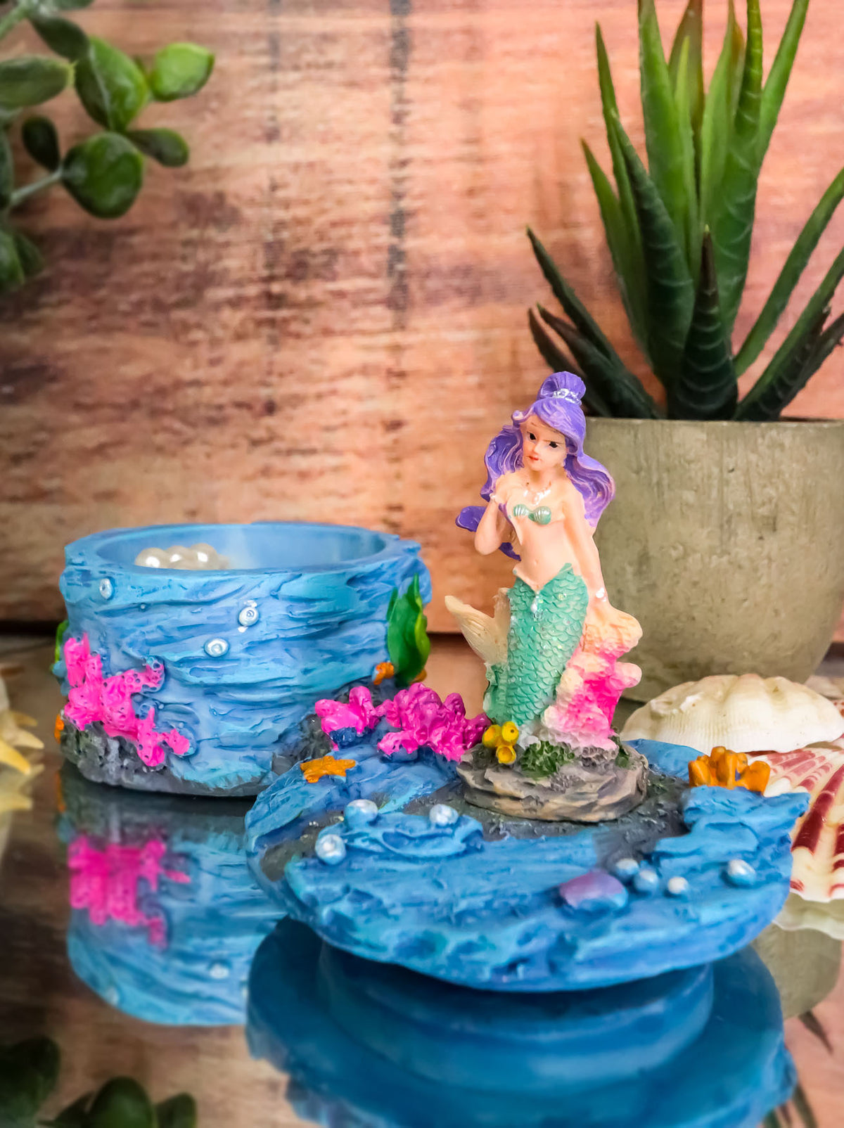 Beautiful Mermaid Mergirl Sitting On Rock By Corals Mini Decorative Box Figurine