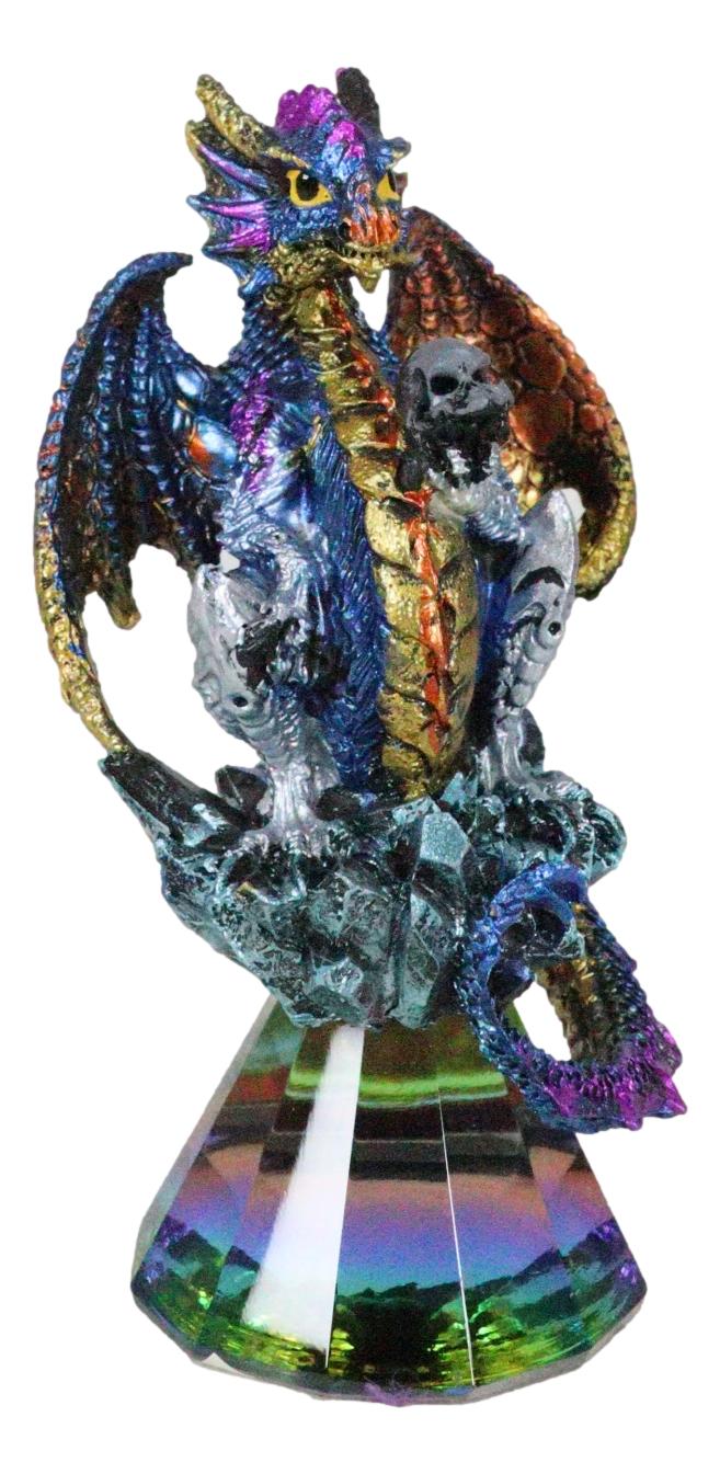 Iridescent Armored Rainbow Wyrmling Dragon Skull On Faux Crystal Prism Figurine