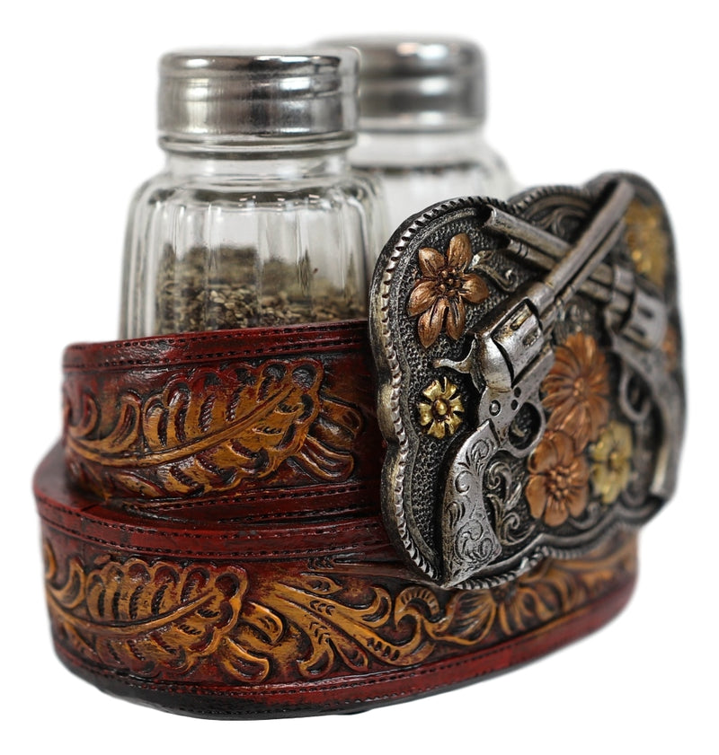 Western Revolver Six Shooter Pistols On Belt Buckle Salt And Pepper Shakers Set