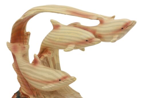 Swimming Dolphin Family Statue 8"Long Faux Wood Resin Three Bottlenose Dolphins