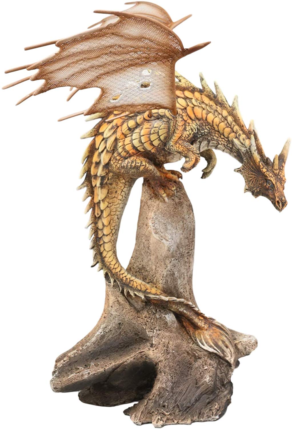 Ebros Gold Color Desert Pterosaur Dinosaur Dragon Perching On Rock Statue 14.5"H - Ebros Gift