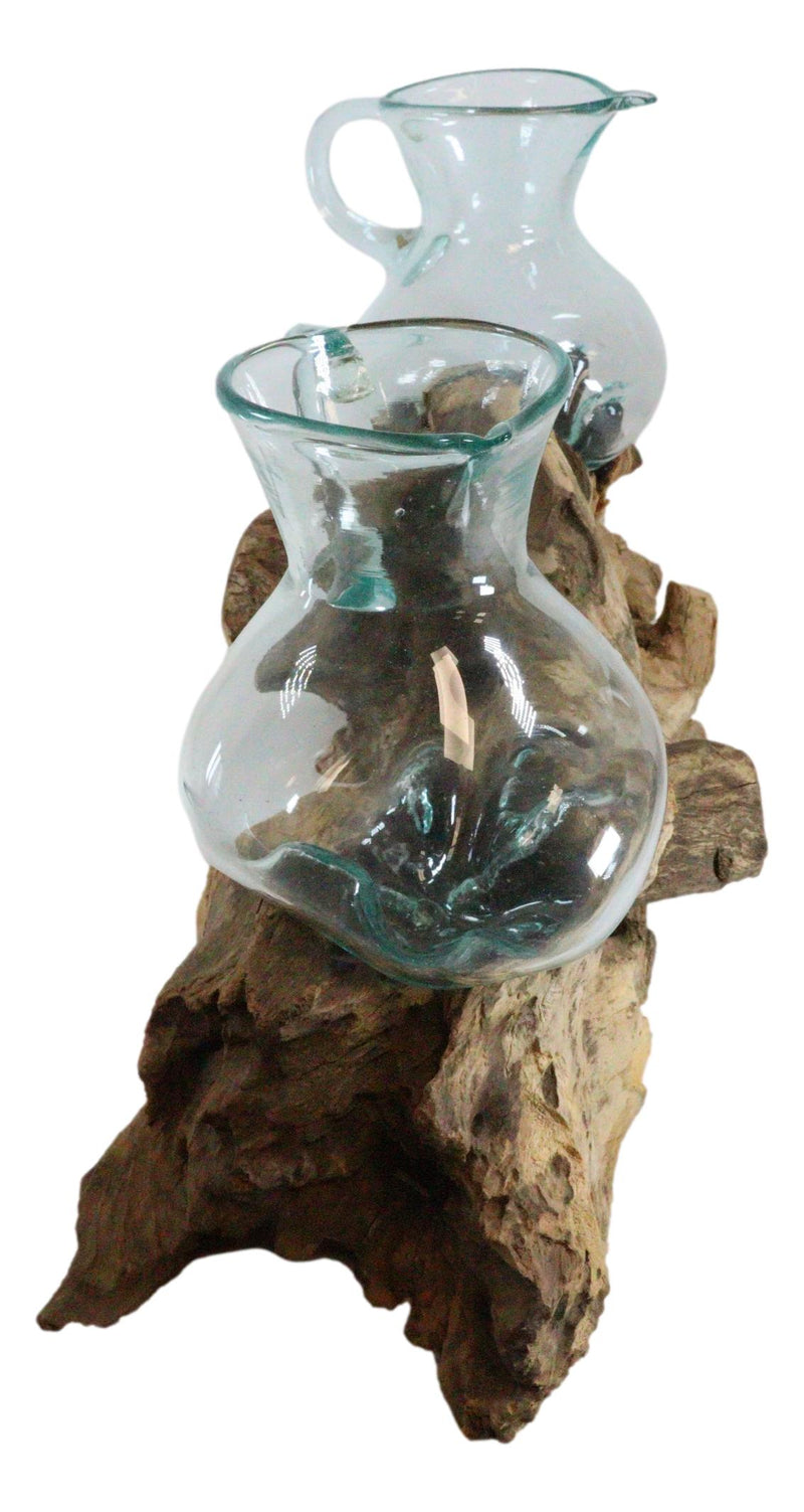 Set Of 2 Balinese Natural Gamal Wood Driftwood With Molten Glass Water Jugs