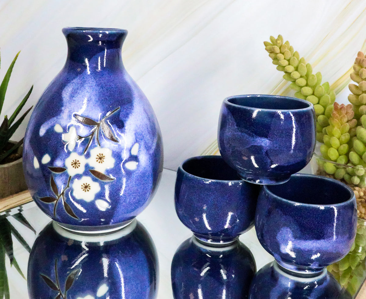 Ebros Japanese 8oz Ceramic Blue Cherry Blossom Sake Set Flask With Four Cups Asian Japan Cultural Toast Decor Party Hosting Set - Ebros Gift
