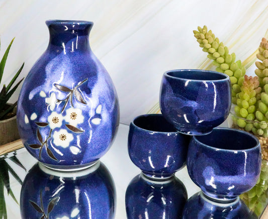 Ebros Japanese 8oz Ceramic Blue Cherry Blossom Sake Set Flask With Four Cups Asian Japan Cultural Toast Decor Party Hosting Set - Ebros Gift