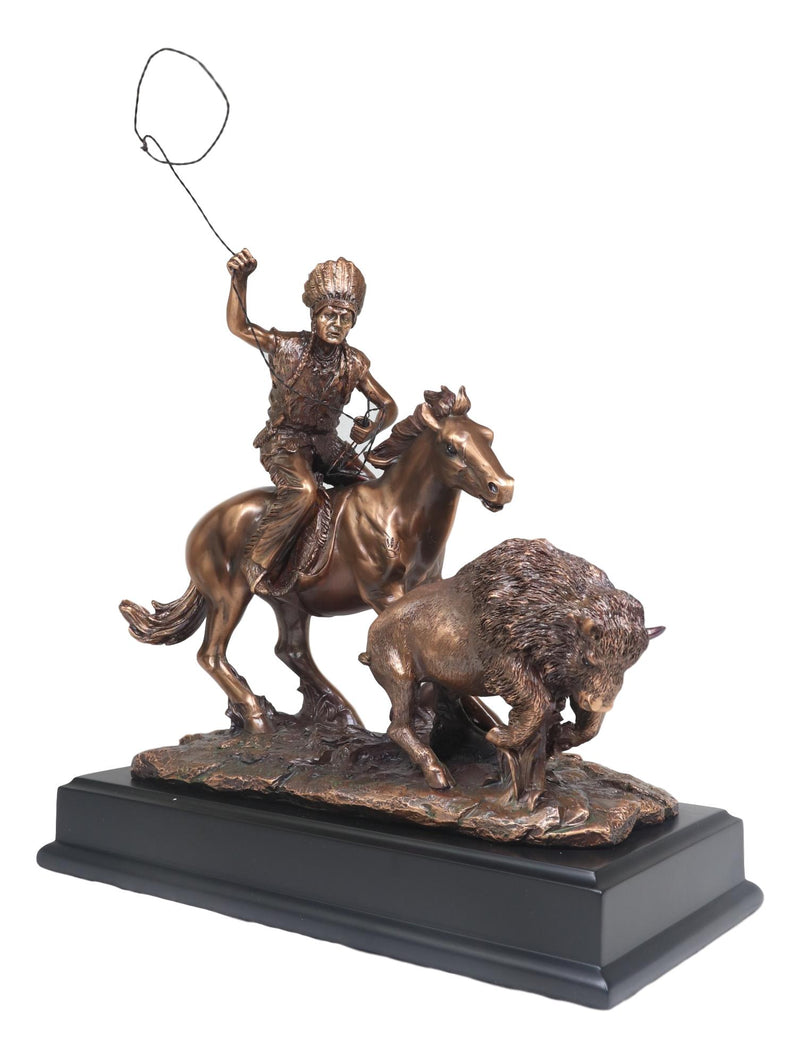 Tribal Native American Indian Hunter On Horse Roping Juvenile Bison Bull Statue